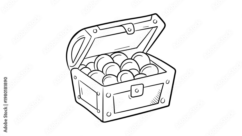 Αυτοκόλλητο Minimalist black line vector icon of an open treasure chest overflowing with gold coins on a white background, hand-drawn pirate bounty illustration, scalable SVG design for wealth and savings