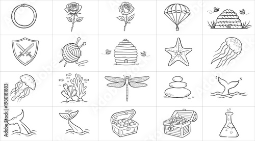 Minimalist Hand-Drawn Vector Icon Set: 20 Black Line Art Outlines featuring Whale Tail, Rose, Beehive, Erlenmeyer Flask, Jellyfish, Starfish, Treasure Chest, Zen Stones, and Parachute Illustrations.