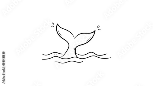 Minimalist black line vector icon of a whale tail fluke emerging from ocean waves, hand-drawn illustration on a white background, scalable nautical marine life symbol for logo or web design.