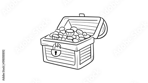 Hand-drawn minimalist black line vector icon of an open treasure chest overflowing with gold coins on a white background, perfect for pirate adventure, wealth, and success illustrations.
