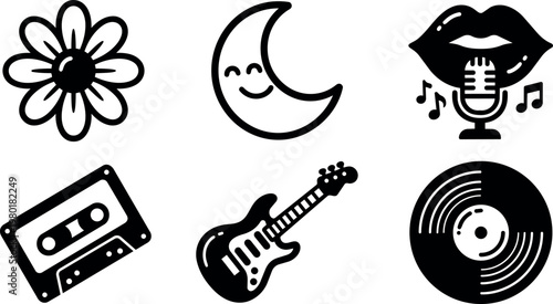 Music icons flower moon lips microphone cassette guitar vinyl record
