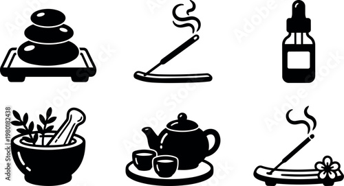 Black and white spa stones incense mortar teapot wellness vector art icons