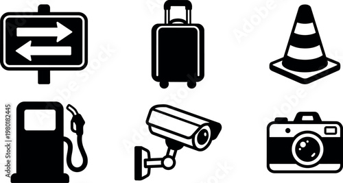 Black and white traffic signs luggage camera and gas pump icons set