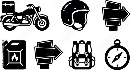 Black and white motorcycle helmet fuel can backpack compass and direction signs icons