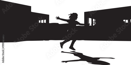 Dynamic black and white silhouette of a child running with arms outstretched, playful movement in an urban alleyway, expressive vector illustration for childhood themes, freedom, and joy