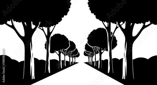 Graphic black and white illustration of a straight path or road lined with trees, leading into the distance with strong perspective.