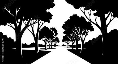 Striking Black and White Illustration of a Vanishing Path Lined by Silhouetted Trees, Minimalist Landscape Design