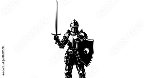 Powerful Medieval Knight in Full Armor Wielding Sword and Shield, Standing Firm, Black and White Graphic Design