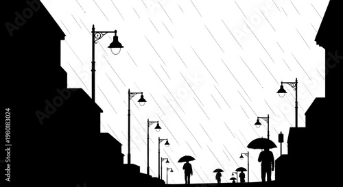 Silhouetted people with umbrellas walk a monochromatic city street in heavy rain, an atmospheric urban scene illustration.