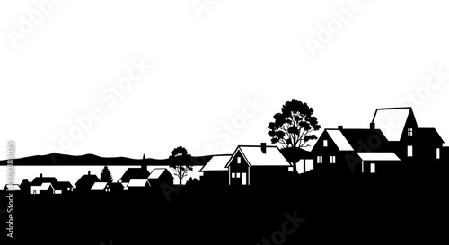 Black and white silhouette illustration of a picturesque waterfront village with houses and trees against a serene lake landscape
