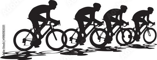 Dynamic cycling race vector illustration, a team of four silhouetted cyclists on bicycles, showcasing speed and competitive spirit, perfect for sports, fitness, and active lifestyle designs.