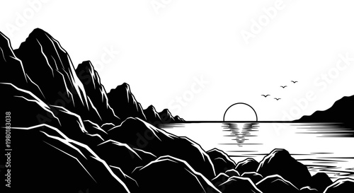 Black and white graphic illustration of a dramatic rocky coastline at sunrise or sunset over a calm sea with flying birds