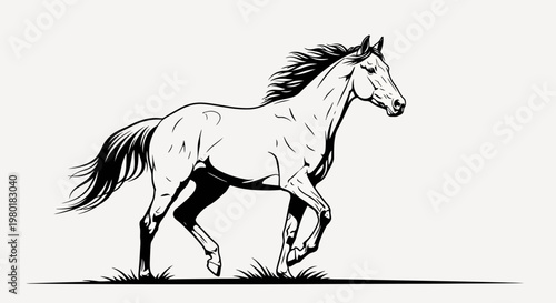 Dynamic black and white line art illustration of a majestic horse trotting with flowing mane and tail on grassy ground.
