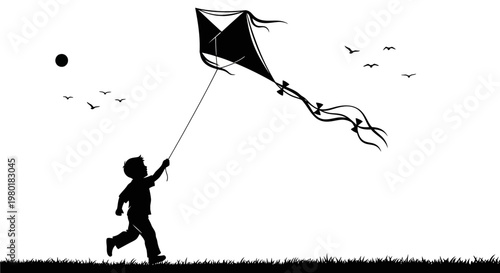 Happy child silhouette running and flying a kite outdoors against a sunny sky with birds, symbolizing freedom and childhood joy.