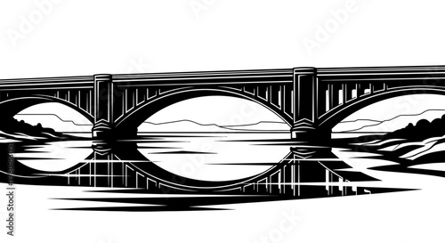 Elegant arched bridge over calm water with perfect reflections, showcasing a scenic landscape in black and white silhouette illustration style.