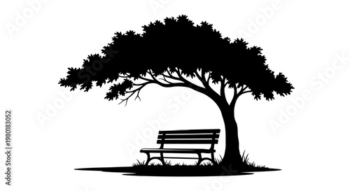 Serene black silhouette of a park bench beneath a large shade tree with lush foliage, symbolizing peace, rest, and nature.