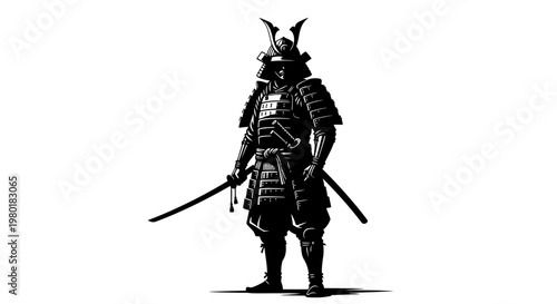 Ancient Japanese Samurai Warrior in Full Traditional Armor Holding a Katana Sword. Detailed Black and White Illustration.