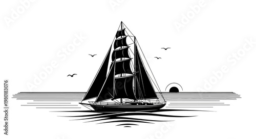Vintage sailing ship illustration at sunset on calm ocean waves, a detailed black and white marine graphic with seagulls.
