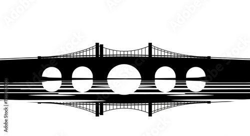Black silhouette arched bridge with symmetric water reflection, minimalist vector graphic design illustration, architectural structure