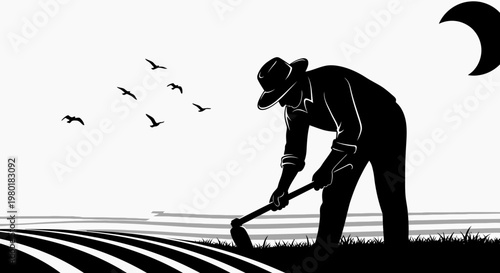 Silhouette of a farmer diligently working in a rural field with a hoe, embodying agricultural labor and hard work under an open sky.