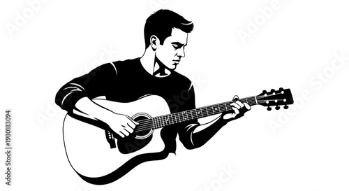 Young Man Playing Acoustic Guitar Illustration. Male Musician Performing Music, Practicing Hobby, Black and White Vector Art.