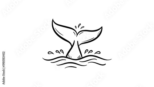 Minimalist black line vector icon illustration of a whale tail fluke emerging from ocean waves with water splashes, hand-drawn sketch style isolated on white background for marine nature design.