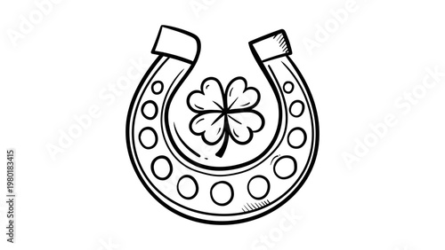 Minimalist black line vector icon of a horseshoe with a four-leaf clover, hand-drawn outline illustration on a white background representing good luck, fortune, and St. Patrick's Day celebration.
