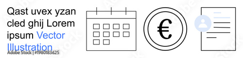 Finance, business planning, currency exchange, scheduling, financial documents, investment. Minimalist icons of calendar, euro sign and a document. Finance and business planning concept