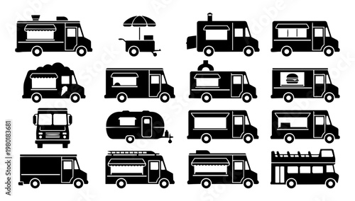 American Food Truck Silhouette Set, Street Food Vehicles Collection, BBQ Burger Taco Ice Cream Truck Icons, Vintage Mobile Food Vector