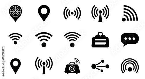 Collection of black communication and network icons in silhouette