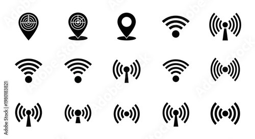 Black icons representing geolocation radar and wireless signals silhouette