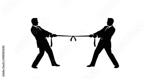 Two businessmen in a tug of war facing intense competition silhouette