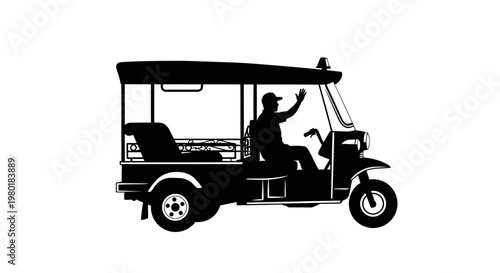 A black silhouette of a tuk tuk with a raised hand silhouette