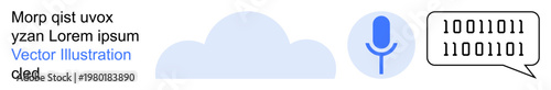 Technology innovation, cloud storage, voice recognition, data processing, binary code visualization, speech analysis. cloud, microphone icon and binary code speech bubble. Cloud storage and voice