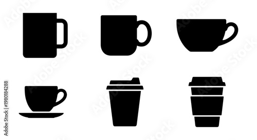 Minimalist coffee cup icons set, black silhouette mug and tea cup vector collection, 6 beverage container symbols for cafe branding