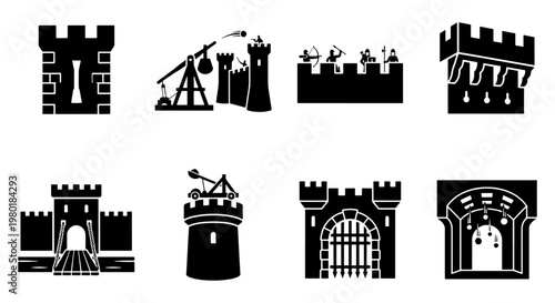 Medieval castle icons set, black silhouette fortress and siege weapon vectors, 8 ancient defense tower and catapult elements for gaming