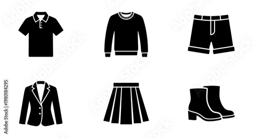 Minimalist clothing icons set, black solid vector apparel symbols, collection of 6 garment elements including polo shirt, sweater, shorts, blazer, skirt, and boots