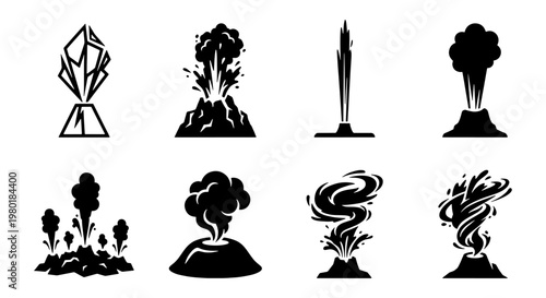Volcano eruption icon set, black silhouette volcanic mountain symbols, 8 vector elements of lava and smoke plumes, geological disaster graphic resources