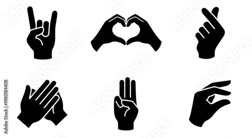 Black hand gesture icons set, human hand silhouettes showing heart and rock signs, flat vector collection of 6 communication symbols
