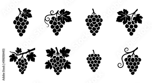 Black grape bunch icons set, 8 vector grape clusters with leaves, minimalist vineyard fruit silhouettes for wine labels and organic food branding