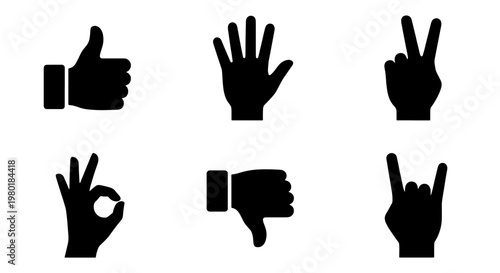 Black hand gesture icons set, silhouette human hand signals including thumbs up and peace sign, 6 vector elements for communication and social media