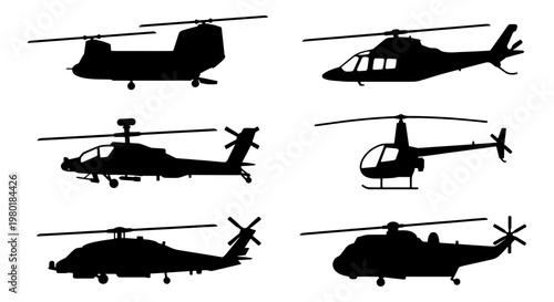 Military and civilian helicopter silhouettes set, 6 aircraft vector icons, black chopper side view collection for aviation design and infographics