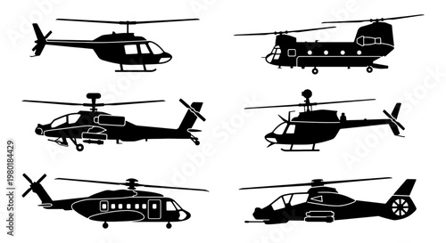Helicopter silhouette vector set, collection of 6 military and civilian aircraft icons, black rotary wing aviation symbols on white background