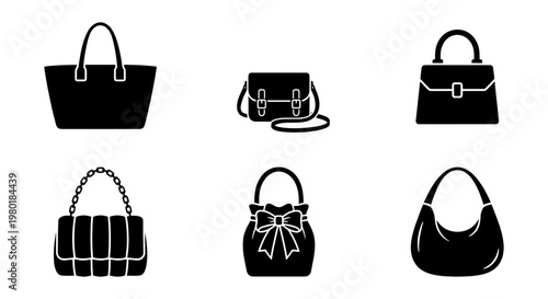 Minimalist black handbag icon set, 6 fashion bag vector elements, stylish female purse and tote collection for retail and shopping design