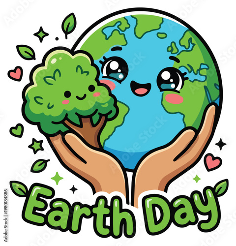 Hands holding the Earth with green leaves and the words Earth Day