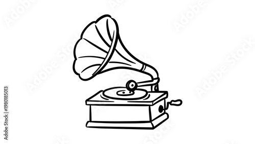Vintage gramophone minimalist black line vector icon illustration on a white background, featuring a classic phonograph with a large horn and hand crank for retro music and nostalgia themes.