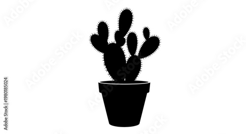 A potted prickly pear cactus depicted in a stark black silhouette