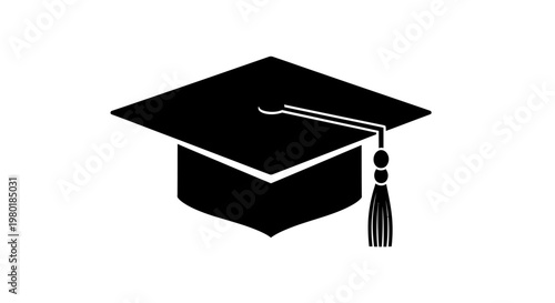 A black graduation cap depicted as a striking silhouette
