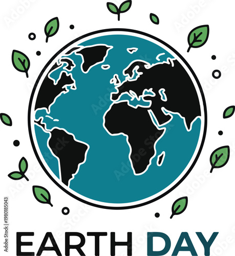Stylized globe illustration surrounded by fresh leaves symbolizing environmental care and global sustainability - Happy Earth Day illustration