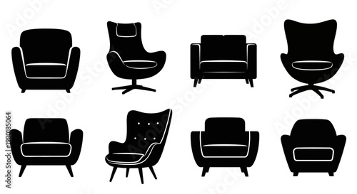 Variety of mid century modern chair designs presented as a silhouette